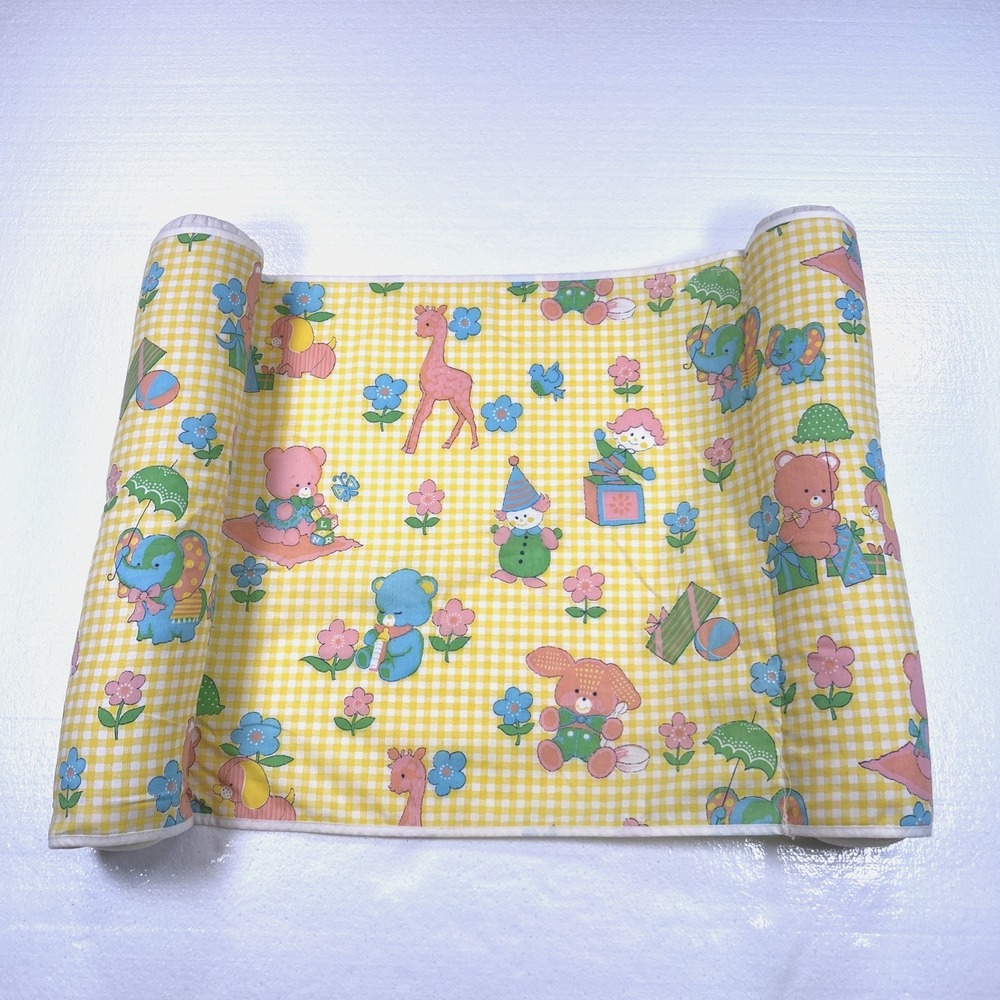 Vintage Plakie Baby Blanket Elephant Bear Pastels Pink Yellow Gingham Cushions